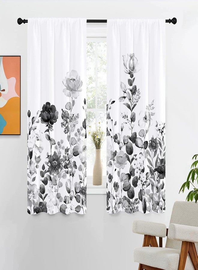 Kikiry Black Grey Floral Curtains 42" W x 63" L Floral Gray White Watercolor Wild Flowers Vintage Plant Herbs Botanical Nature Living Room Bedroom Window Drapes Treatment Fabric 1 Pair - Image 1